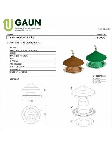 TOLVA PLASTICO PAJAROS Capacidad 2 Kg.GAUN