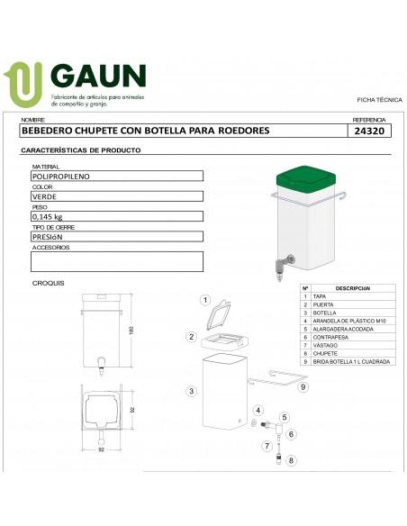 BEBEDERO CHUPETE CON BOTELLA 0.5 LTS. Gaun