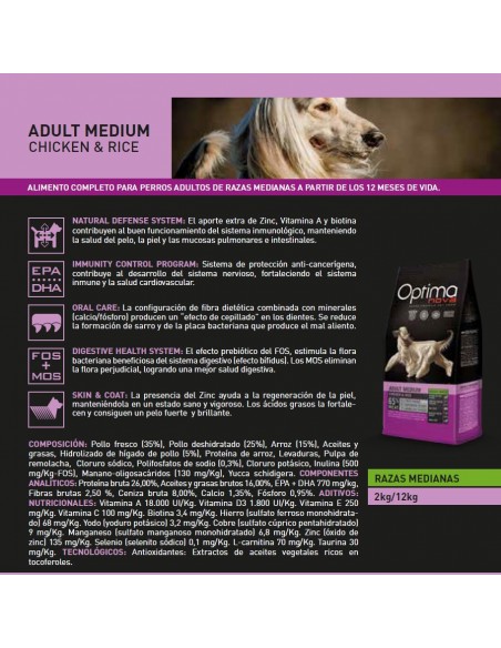 OPTIMA NOVA ADULT MEDIUM POLLO/Arroz 12 KG.