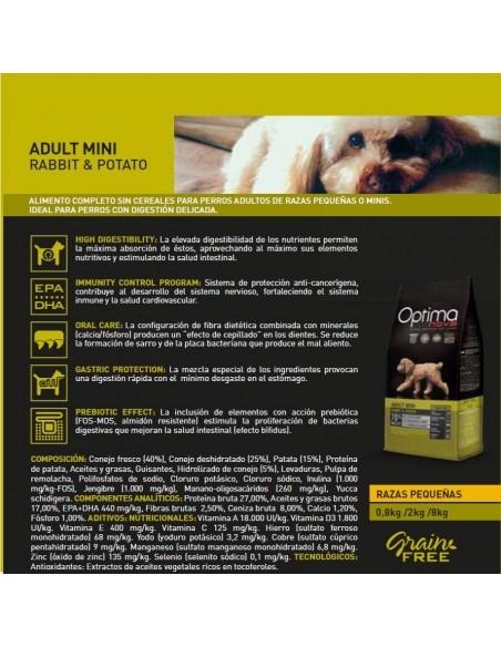 OPTIMA NOVA ADULT MINI RABBIT PATATA 8 Kg.