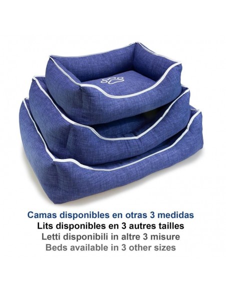 Cama cuadrada azul con huella y ribete 55x46x17 cm.